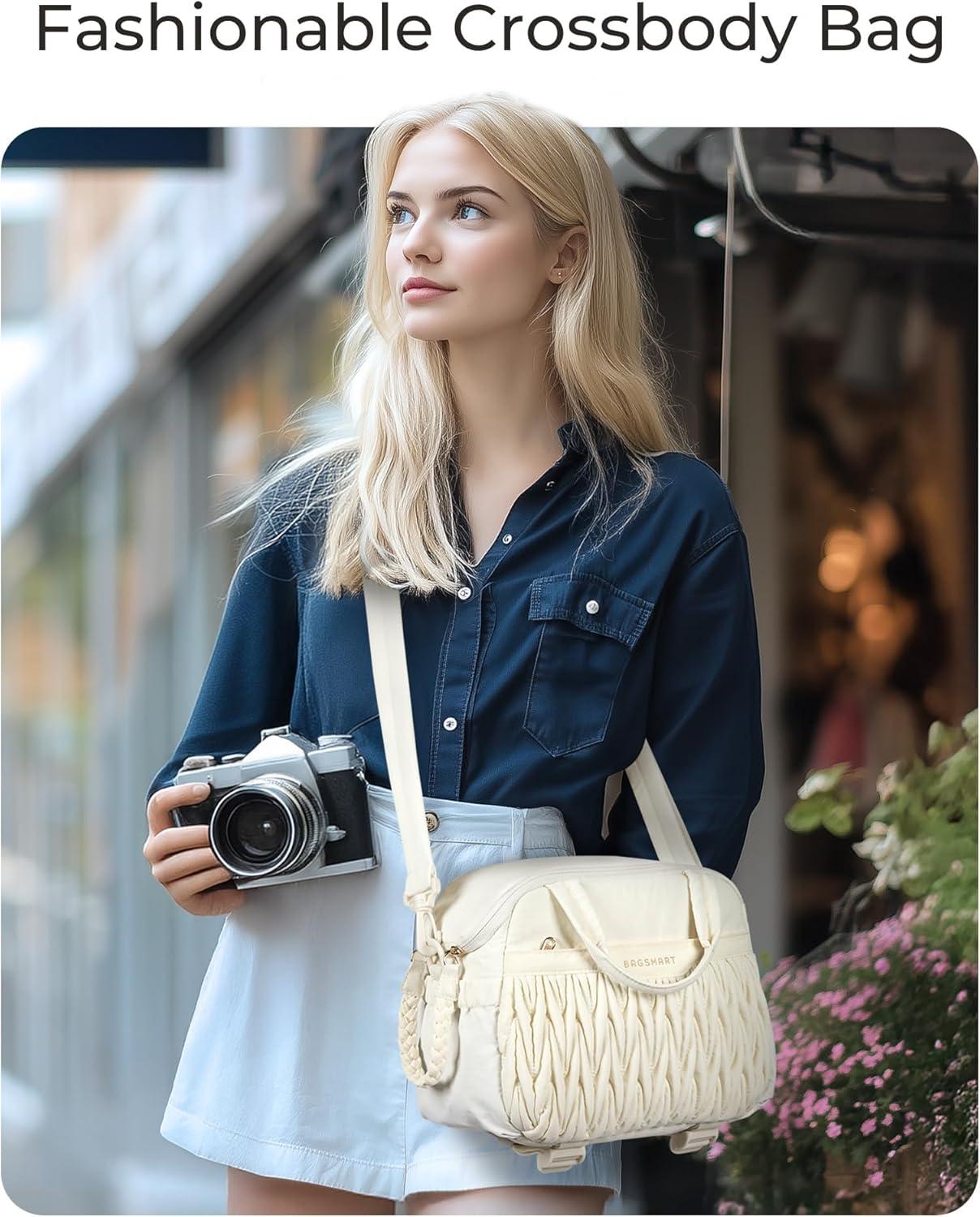 imageBAGSMART Camera Sling Bag Portable Small Camera Bags for Photographers with Tripod Holder Waterproof DSLRSLRCute Camera Case for Women with Rain Cover Compatible with Sony Canon Nikon BeigeBrown