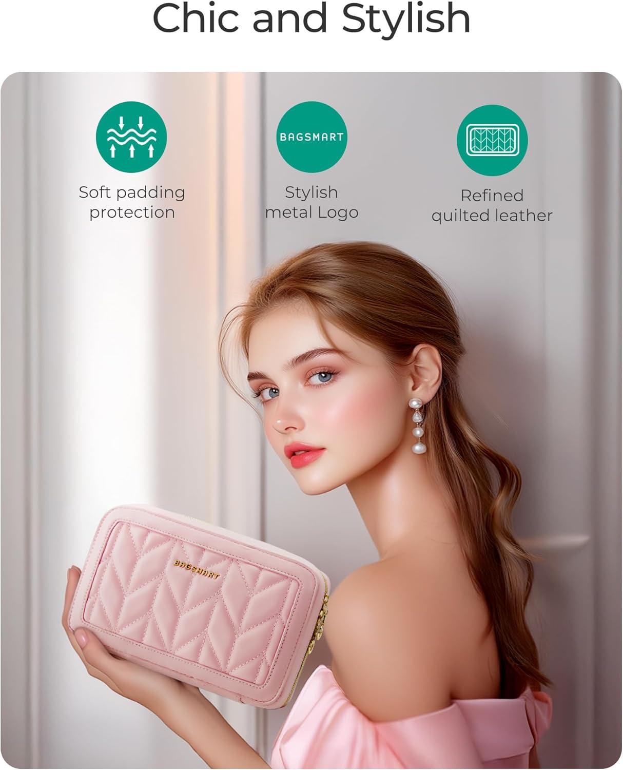 imageBAGSMART Travel Jewelry Case Jewelry Box Organizers and Storage Earings Holder Organizer for Women for Necklaces Bracelets RingsBeigeABlack