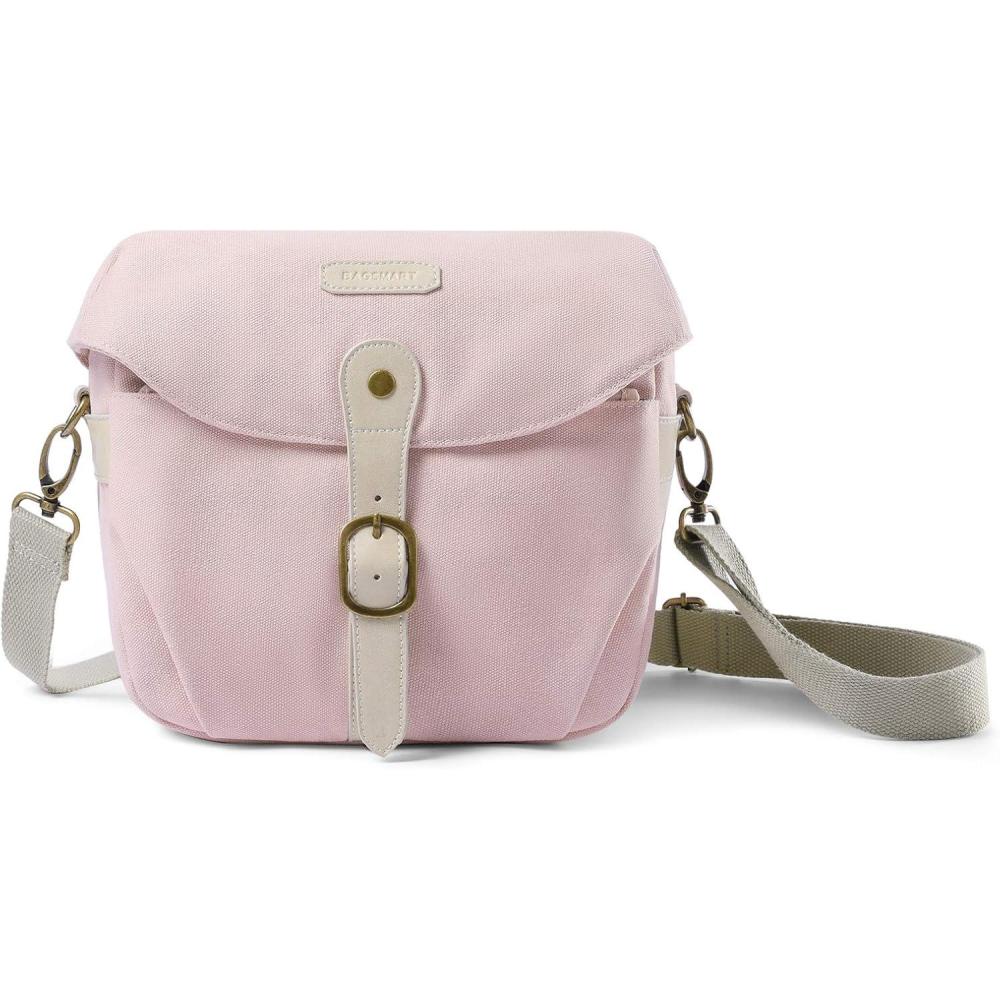 imageBAGSMART Camera Bag SLR DSLR Canvas Crossbody Camera Case Compact Camera Shoulder Bag with Rain Cover for Women and Men Ivory White04Light Pink