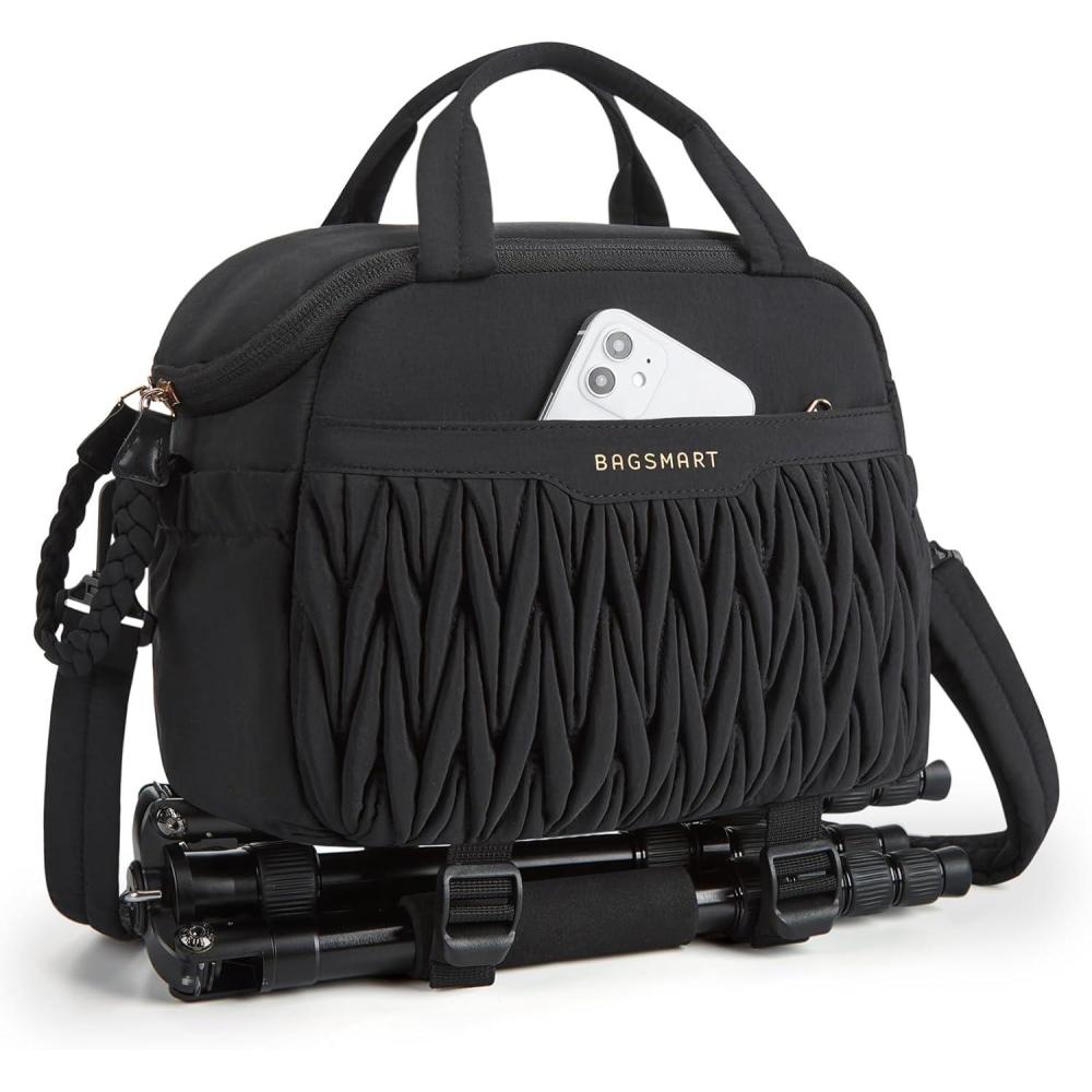 imageBAGSMART Camera Sling Bag Portable Small Camera Bags for Photographers with Tripod Holder Waterproof DSLRSLRCute Camera Case for Women with Rain Cover Compatible with Sony Canon Nikon BeigeBlack