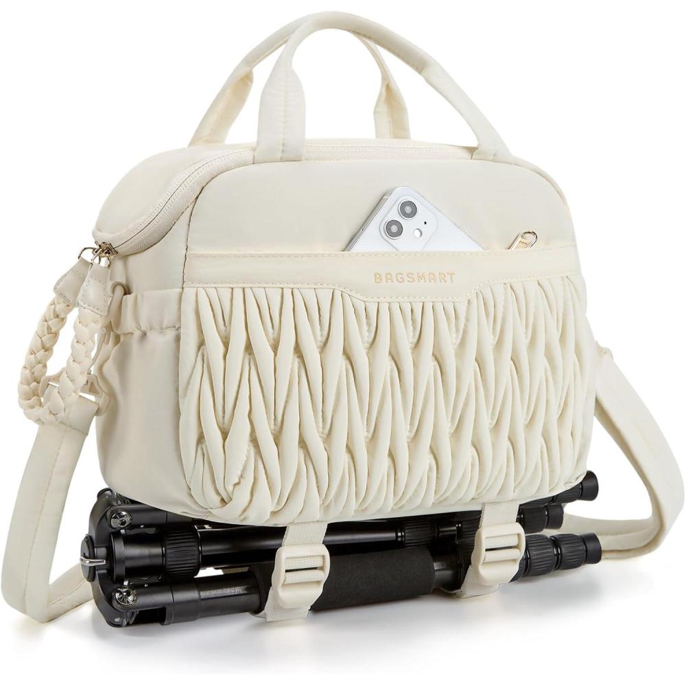 imageBAGSMART Camera Sling Bag Portable Small Camera Bags for Photographers with Tripod Holder Waterproof DSLRSLRCute Camera Case for Women with Rain Cover Compatible with Sony Canon Nikon BeigeBeige