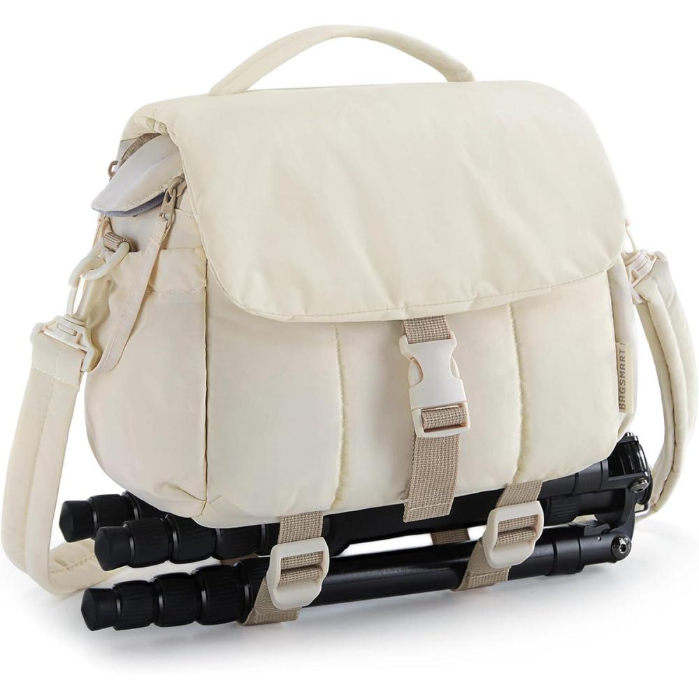 imageBAGSMART Small Camera Bag DSLR Camera Case for Camera Lens amp Accessories UltraLight Compact Crossbody Camcorder Bags with Rain CoverTripod Straps CamelBeige