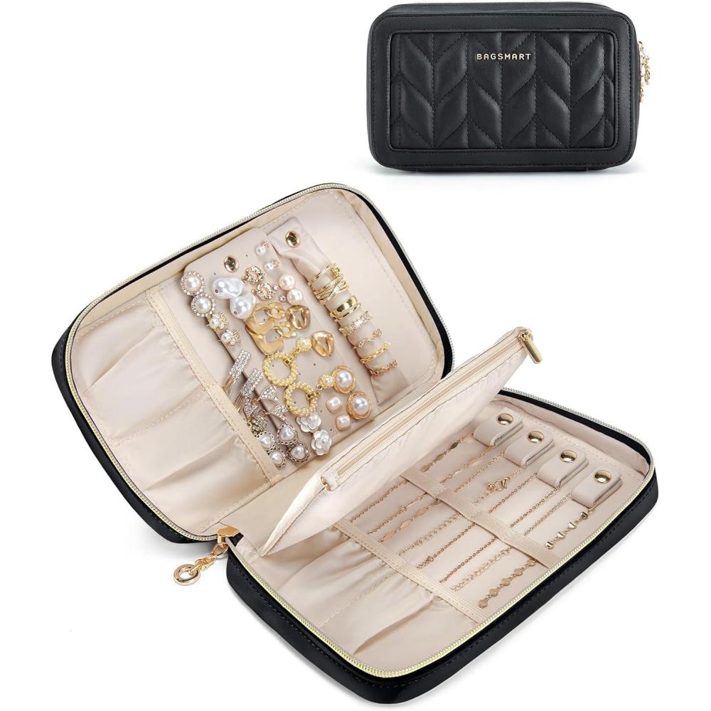 imageBAGSMART Travel Jewelry Case Jewelry Box Organizers and Storage Earings Holder Organizer for Women for Necklaces Bracelets RingsBeigeABlack