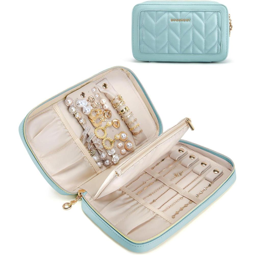 imageBAGSMART Travel Jewelry Case Jewelry Box Organizers and Storage Earings Holder Organizer for Women for Necklaces Bracelets RingsBeigeAGreen