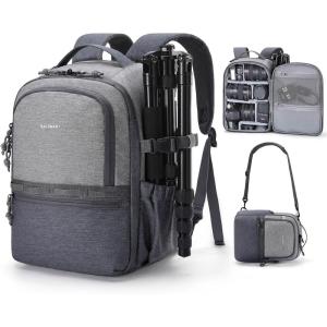 BAGSMART Camera Backpack, DSLR SLR Small Camera Bags for Photographers Compatible for Sony Canon Nikon, Shoulder Strap 2-in-1 Travel Backpack Fits 12.9″ iPad, Gray(Gray)