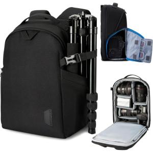BAGSMART Camera Bag, DSLR SLR Camera Backpack Fits up to 15.6″ Laptop, Camera Case for Photographers with Waterproof Rain Cover, Tripod Holder, Black(Black)