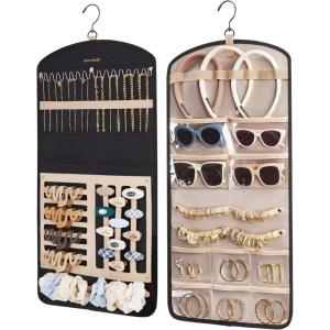 BAGSMART Hanging Jewelry Organizer Claw Clip Necklace Holder Roll for Hair Ties, Headbands, Clips, Earrings, Necklaces, Glasses Double-Sided on Closet, Wall, Door, 1 piece, Large-Black(Black)