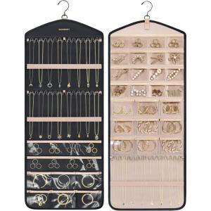 BAGSMART Hanging Jewelry Organizer with Hanger Metal Hooks Double-Sided Jewelry Holder for Organizing Earrings Necklaces Rings Perfect for in Hanging Closet, Wall, Door, 1 Piece, Large, Black(A-1-Black)