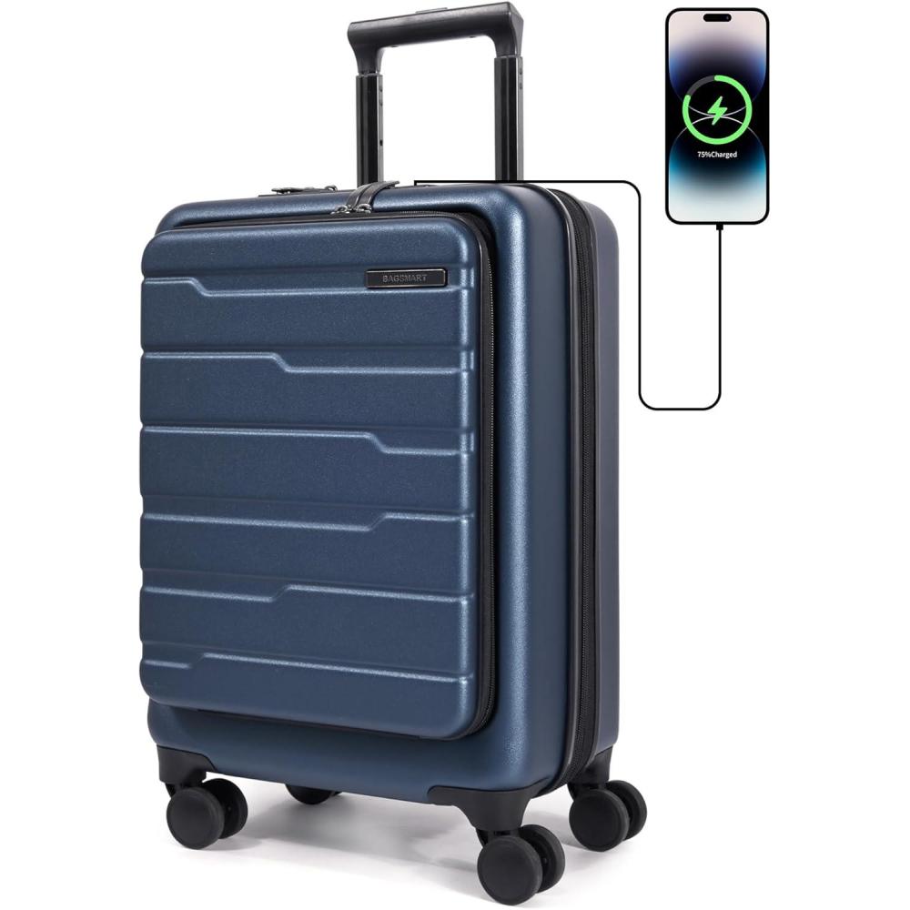 imageBAGSMART Expandable Carry On Luggage 22x14x9 Airline Approved 20 Inch Suitcase with Spinner Wheels Charging Ports TSA Lock Hard Shell Front Opening for Men Women Travel Business Blue