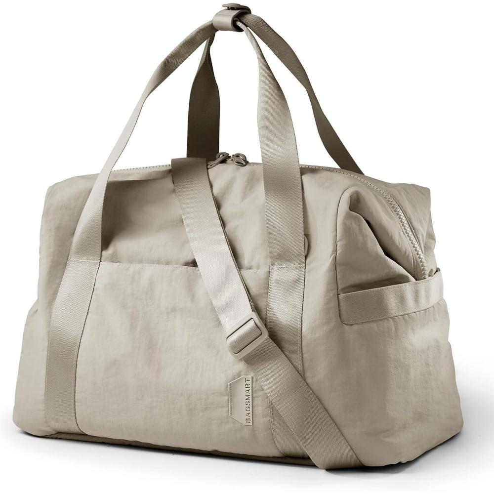 imageBAGSMART Gym Bag for Women Carry on Weekender Overnight Bag Travel Duffel Bags with Trolley Sleeve Personal Item Travel Bag Tote Bag Workout Dance BagPinkMediumBeige