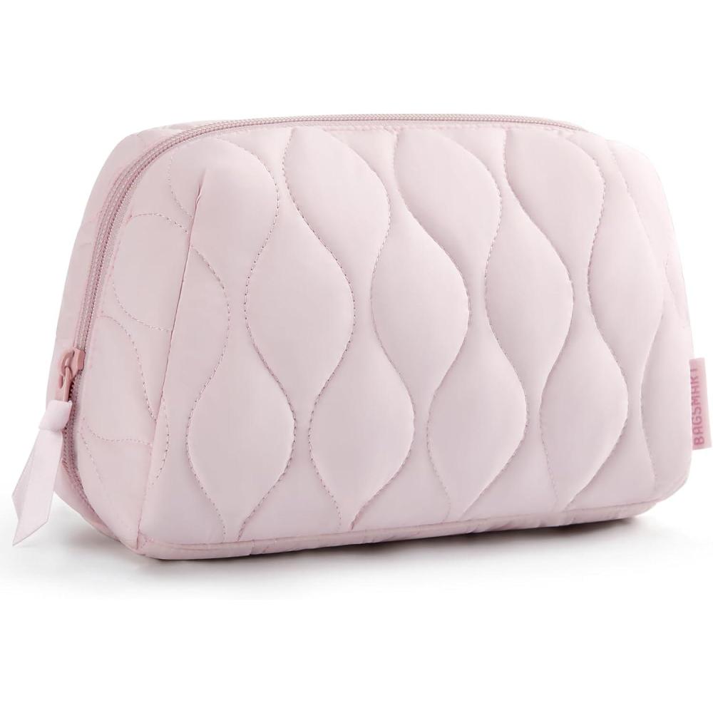 imageBAGSMART Makeup Bag Travel Cosmetic Bag Puffy Padded Make Up Bag for Women Makeup Organizer Case Wideopen Pouch Purse Travel Essentials Toiletries Accessories Brushes PinkAPink