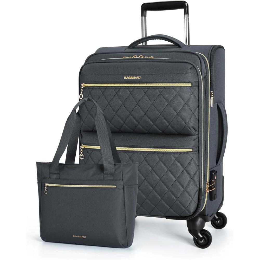 imageBAGSMART Softside Expandable Luggage Airline Approved with Spinner Wheels 20 Inch Carry On Luggage 22x14x9 with TSA Lock Quilted Rolling Suitcases for Women BlackGray
