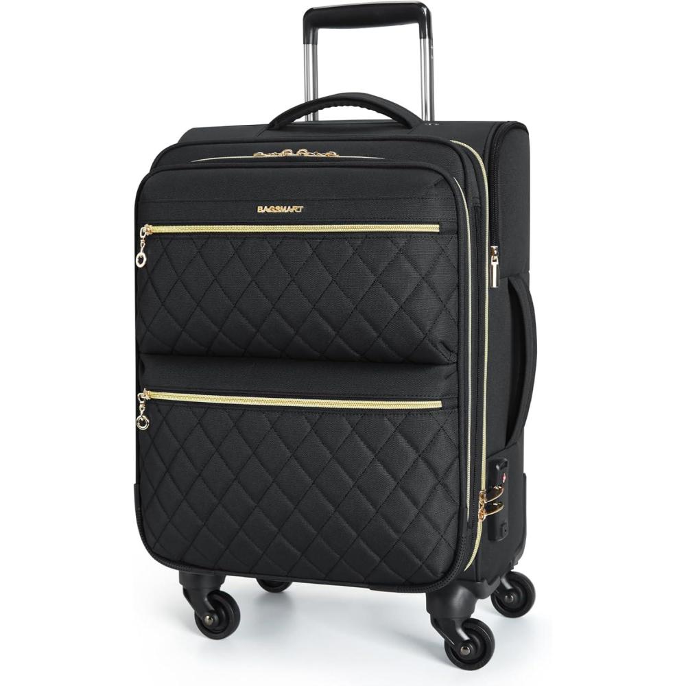 imageBAGSMART Softside Expandable Luggage Airline Approved with Spinner Wheels 20 Inch Carry On Luggage 22x14x9 with TSA Lock Quilted Rolling Suitcases for Women BlackBlack