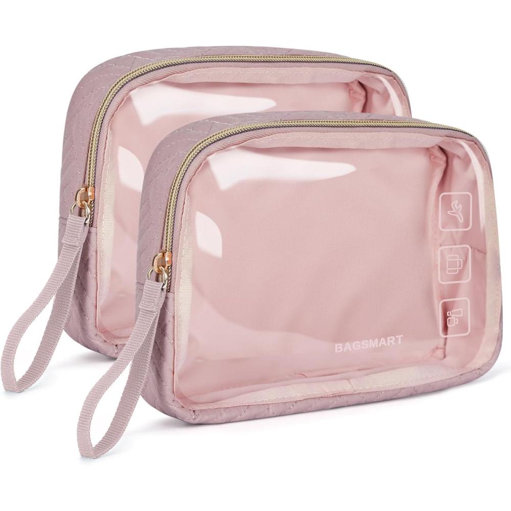 imageBAGSMART TSA Approved Toiletry Bag 2 Pack Clear Makeup Cosmetic Bag Organizer Quart Size Travel Bag for Toiletries Carryon Travel Accessories Essentials  PinkPink2pcs