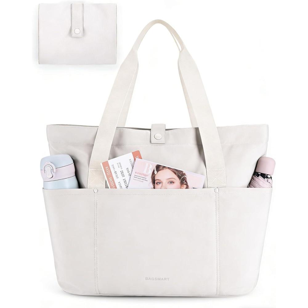 imageBAGSMART Tote Bag for Women Foldable Tote Bag With Zipper Travel Large Shoulder Bag Handbag for Work165l X 6wx 14hDbeige165l X 6wx 14h