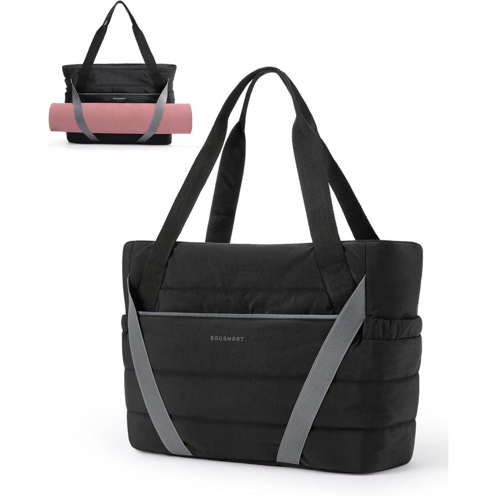 imageBAGSMART Tote Bag for Women with Zipper and Yoga Mat Straps Quilted Gym Tote for Travel Work SportBlack
