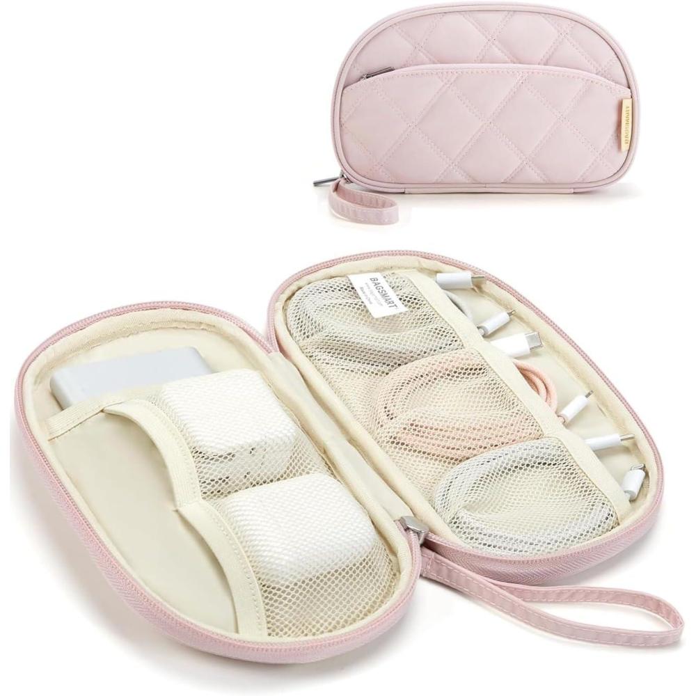 imageBAGSMART Travel Cord Organizer Electronics Case Puffer Cable Organizer Bag Travel Essentials for Women Small Tech Organizer Travel Case for Charger Cable Phone Flash Drive BlackSingle Layer Pink