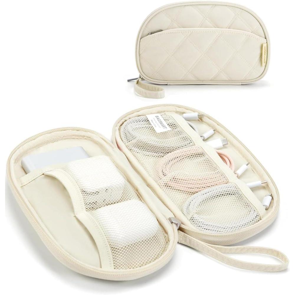 imageBAGSMART Travel Cord Organizer Electronics Case Puffer Cable Organizer Bag Travel Essentials for Women Small Tech Organizer Travel Case for Charger Cable Phone Flash Drive BlackSingle Layer Beige
