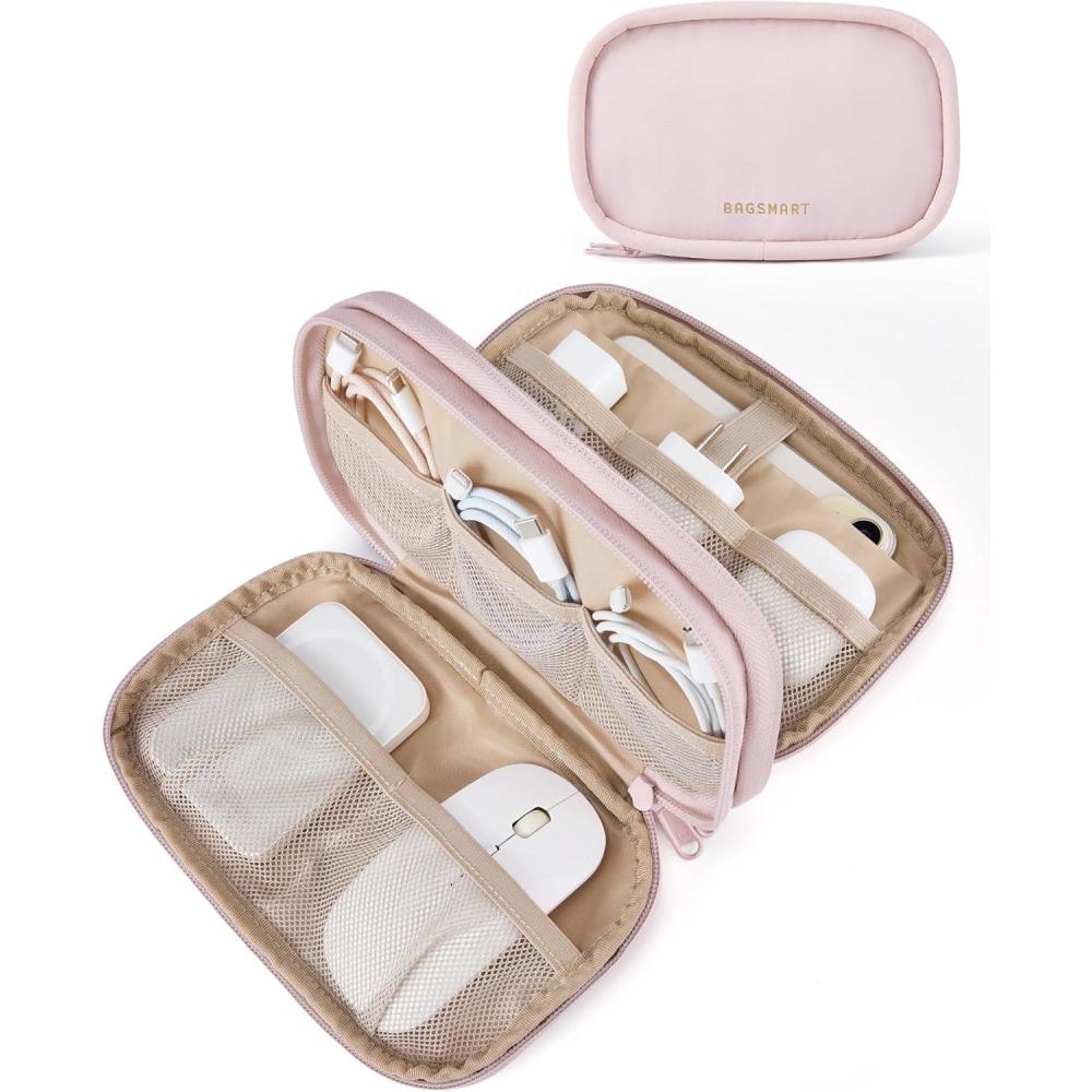 imageBAGSMART Travel Cord Organizer Electronics Case Puffer Cable Organizer Bag Travel Essentials for Women Small Tech Organizer Travel Case for Charger Cable Phone Flash Drive BlackADouble Layer Pink