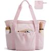 BAGSMART Foldable Tote Bag with Drawstring Bag, Large Tote Bag Shoulder Bag Top Handle Handbag for Travel, Work, Beach, Gym(Foldable-pink)