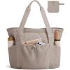 BAGSMART Foldable Tote Bag with Drawstring Bag, Large Tote Bag Shoulder Bag Top Handle Handbag for Travel, Work, Beach, Gym(Grayish Brown)