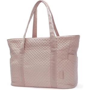 BAGSMART Crush Tote Bag for Women, 20L Puffer Work Tote with Zipper, Travel Essentials Quilted Nurse Hospital Bag(Pink)