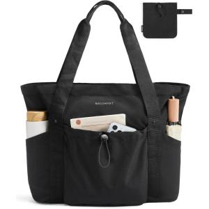 BAGSMART Foldable Tote Bag with Drawstring Bag, Large Tote Bag Shoulder Bag Top Handle Handbag for Travel, Work, Beach, Gym(Foldable-black)