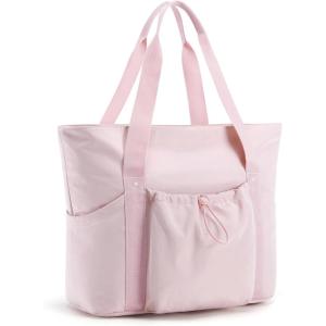 BAGSMART Foldable Tote Bag with Drawstring Bag, Large Tote Bag Shoulder Bag Top Handle Handbag for Travel, Work, Beach, Gym(Pink 1)