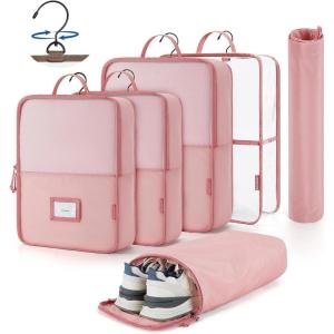 BAGSMART Hanging Packing Cubes for Travel, 6 Set Clear Waterproof Packing Cubes for Suitcases, Storage Organizer for Hanging Closet with Zipper, Handles and Hook Baby Pink(Baby Pink)