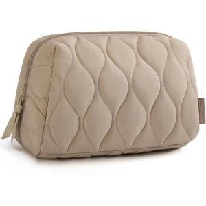 BAGSMART Makeup Bag, Travel Cosmetic Bag, Puffy Padded Make Up Bag for Women, Makeup Organizer Case, Wide-open Pouch Purse, Travel Essentials, Toiletries Accessories Brushes, Pink(D-Khaki)