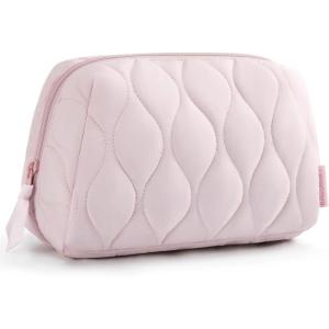 BAGSMART Makeup Bag, Travel Cosmetic Bag, Puffy Padded Make Up Bag for Women, Makeup Organizer Case, Wide-open Pouch Purse, Travel Essentials, Toiletries Accessories Brushes, Pink(A-Pink)