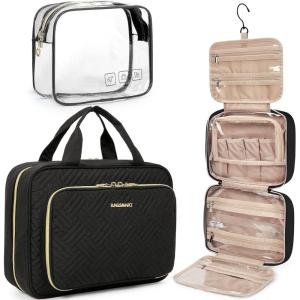 BAGSMART Toiletry Bag Hanging Travel Makeup Organizer with TSA Approved Transparent Cosmetic Bag Makeup Bag for Full Sized Toiletries, Medium-Black(Black)