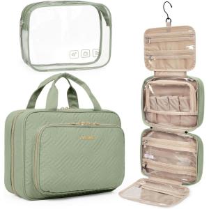 BAGSMART Toiletry Bag Hanging Travel Makeup Organizer with TSA Approved Transparent Cosmetic Bag Makeup Bag for Full Sized Toiletries, Medium-Black(Green)