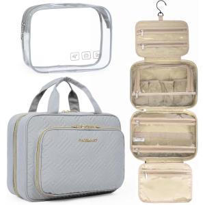 BAGSMART Toiletry Bag Hanging Travel Makeup Organizer with TSA Approved Transparent Cosmetic Bag Makeup Bag for Full Sized Toiletries, Medium-Black(Grey)