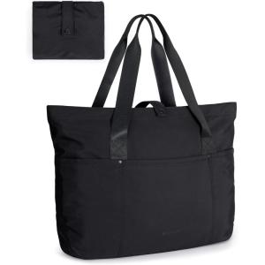 BAGSMART Tote Bag for Women, Foldable Tote Bag With Zipper Travel Large Shoulder Bag Handbag for Work-16.5”l X 6”wx 14”h(A-black-16.5”l X 6”wx 14”h)