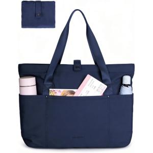 BAGSMART Tote Bag for Women, Foldable Tote Bag With Zipper Travel Large Shoulder Bag Handbag for Work-16.5”l X 6”wx 14”h(B-navy Blue-16.5”l X 6”wx 14”h)