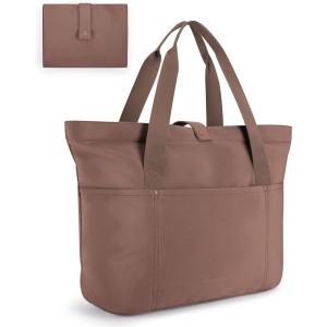 BAGSMART Tote Bag for Women, Foldable Tote Bag With Zipper Travel Large Shoulder Bag Handbag for Work-16.5”l X 6”wx 14”h(C-coffee-16.5”l X 6”wx 14”h)