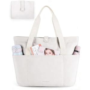 BAGSMART Tote Bag for Women, Foldable Tote Bag With Zipper Travel Large Shoulder Bag Handbag for Work-16.5”l X 6”wx 14”h(D-beige-16.5”l X 6”wx 14”h)