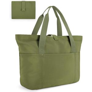 BAGSMART Tote Bag for Women, Foldable Tote Bag With Zipper Travel Large Shoulder Bag Handbag for Work-16.5”l X 6”wx 14”h(Military Green-16.5”l X 6”wx 14”h)