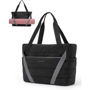 BAGSMART Tote Bag for Women with Zipper and Yoga Mat Straps Quilted Gym Tote for Travel, Work, Sport(Black)