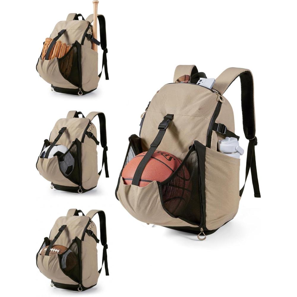 imageBAGSMART Basketball Bag with Shoes Compartment Basketball Backpack with Ball Holder Functional Gym Bag for Velleyball Soccer amp BaseballLight Brown