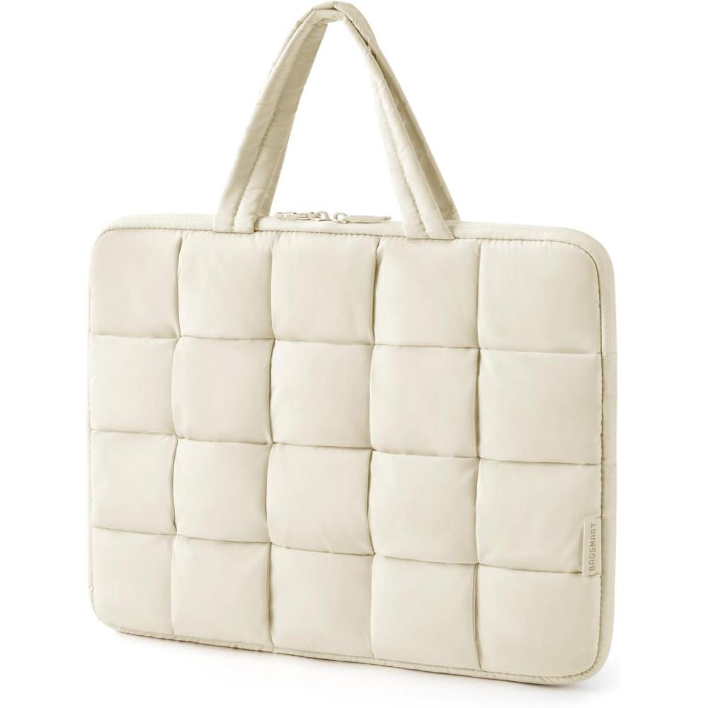 imageBAGSMART 1314 Inch Laptop Case Portable Puffy Laptop Sleeve with Handle Compatible with MacBook AirPro 133 136 Inch M4 M3 M2 M1 Computer Sleeve Fitted with DellHP PinkBeige