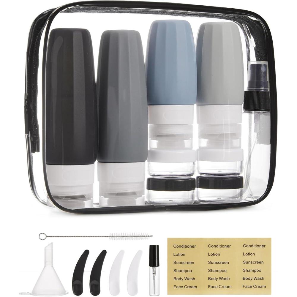 imageBAGSMART 18 Pack TSA Approved Travel Bottles for Toiletries Leak Proof Silicone Travel Size Containers Bottles for Shampoo MacaronGrey