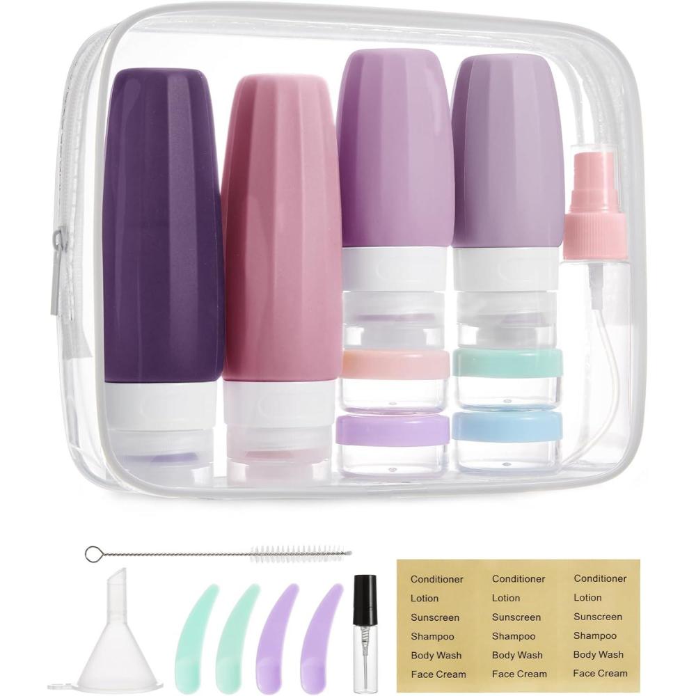 imageBAGSMART 18 Pack TSA Approved Travel Bottles for Toiletries Leak Proof Silicone Travel Size Containers Bottles for Shampoo MacaronPurple
