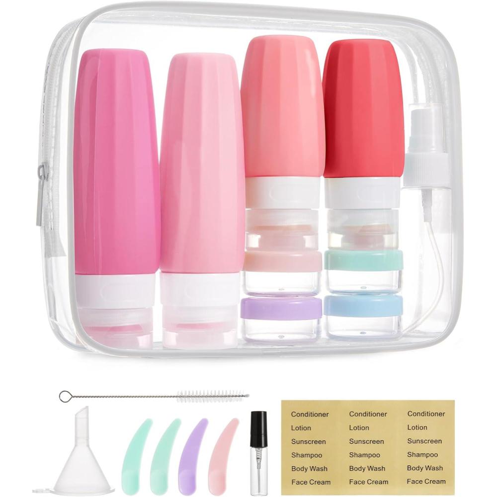 imageBAGSMART 18 Pack TSA Approved Travel Bottles for Toiletries Leak Proof Silicone Travel Size Containers Bottles for Shampoo MacaronRose Pink