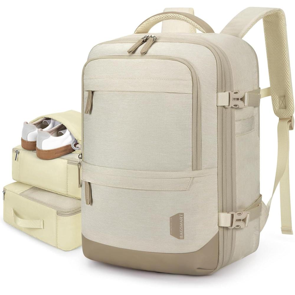 imageBAGSMART 37L Compression Travel Backpack Expandable Carry On Backpack with Packing Cubes Water Resistant Weekender Backpack Fits 17 Inch laptop Luggage Daypack with Shoe Bag GreyWarm Beige