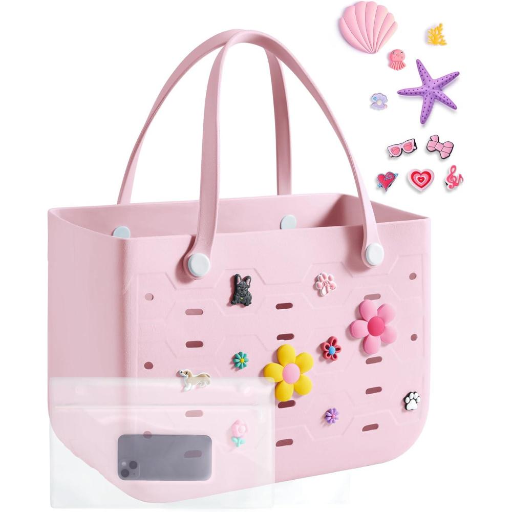 imageBAGSMART Beach Bag for Women Waterresistant Rubber Tote Bag Sandproof Vacation Essentials for Summer Swim Cruise PoolBaby Pink