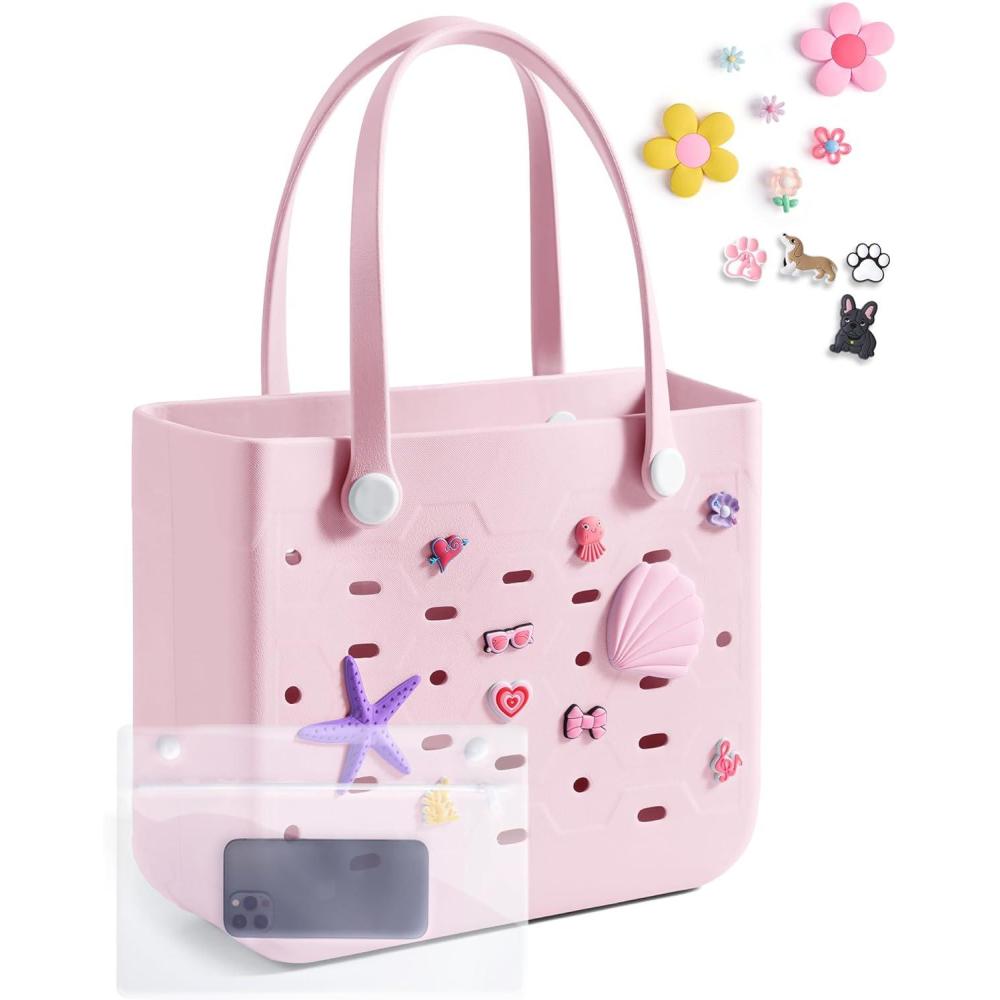 imageBAGSMART Beach Bag for Women Waterresistant Rubber Tote Bag Sandproof Vacation Essentials for Summer Swim Cruise PoolMblush