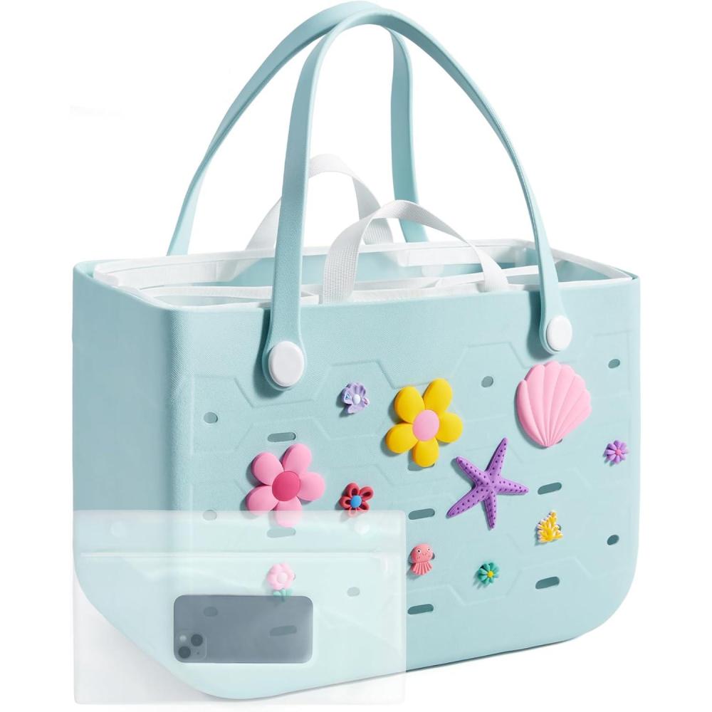 imageBAGSMART Beach Bag for Women Waterresistant Rubber Tote Bag Sandproof Vacation Essentials for Summer Swim Cruise PoolSky Blue