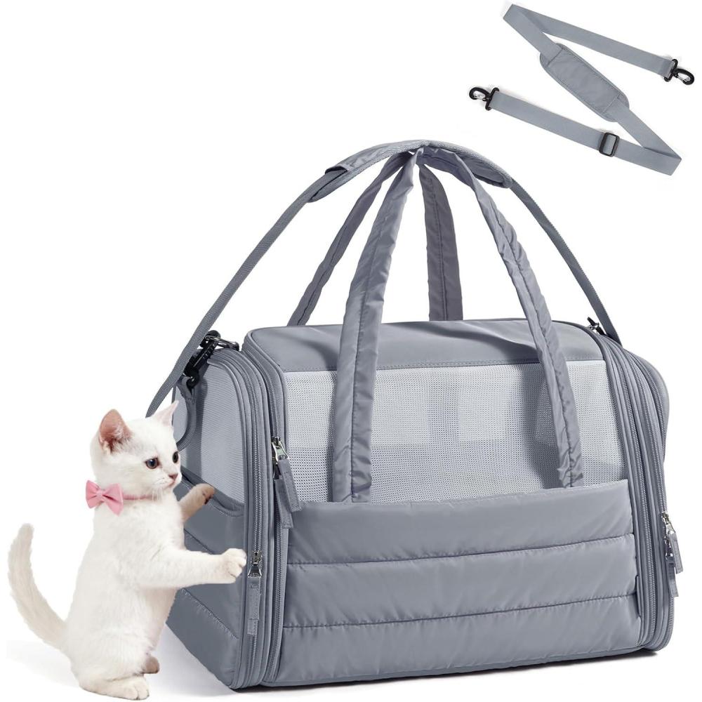 imageBAGSMART Cat Carrier SoftSided Pet Carrier for Small Medium Cats Dogs Puppy Quilted Collapsible Puffy Travel Bag Up to 20 Lbs PinkMDark Grey